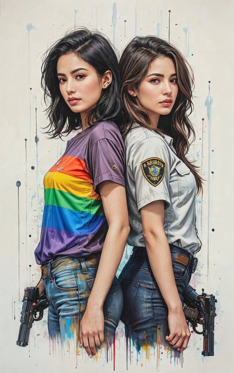 Two Women in Contrasting Attire with Handguns