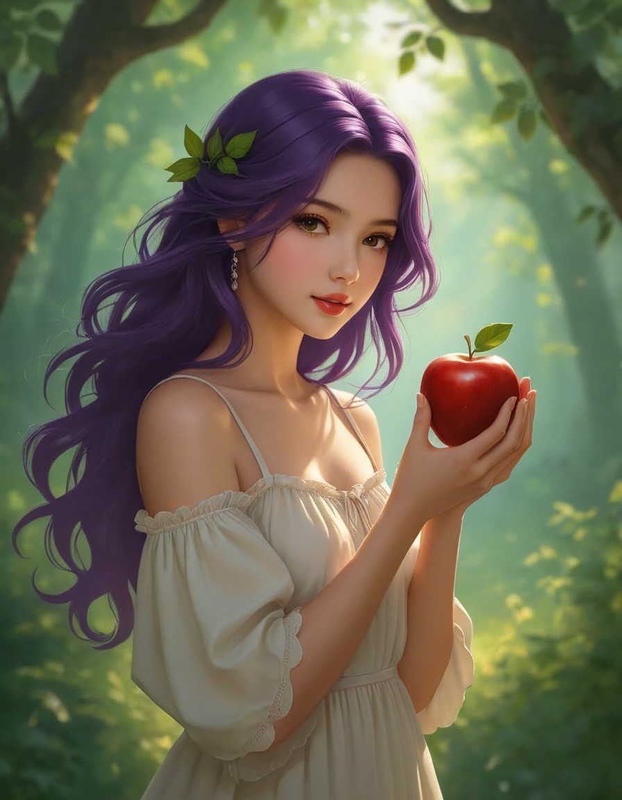Young Woman with Red Apple in Lush Forest Setting