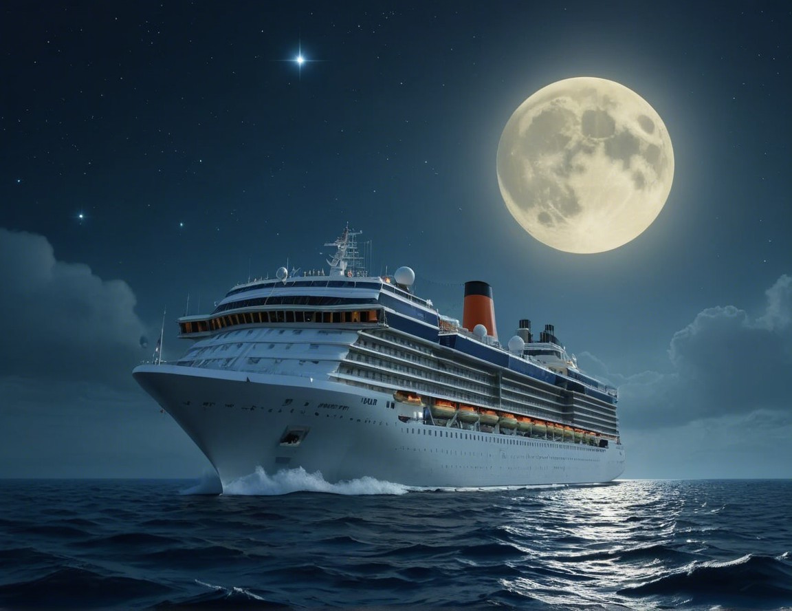 Cruise Ship on Tranquil Ocean Under Full Moon