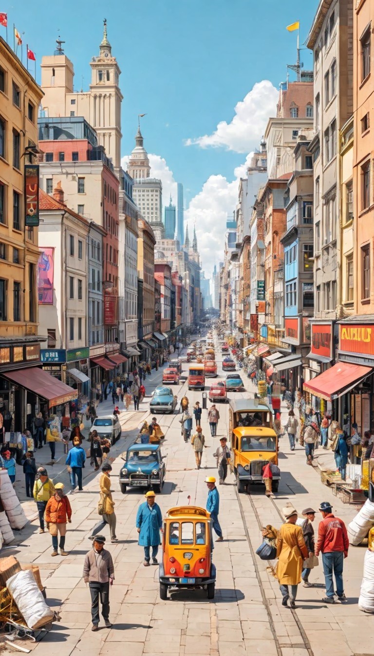 Vibrant City Street Scene with People and Vehicles