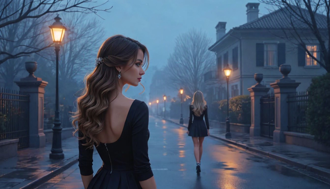 Misty Evening Scene with Woman in Black Dress