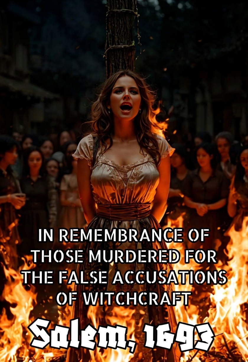 Salem Witch Trials Scene with Flames and Crowd