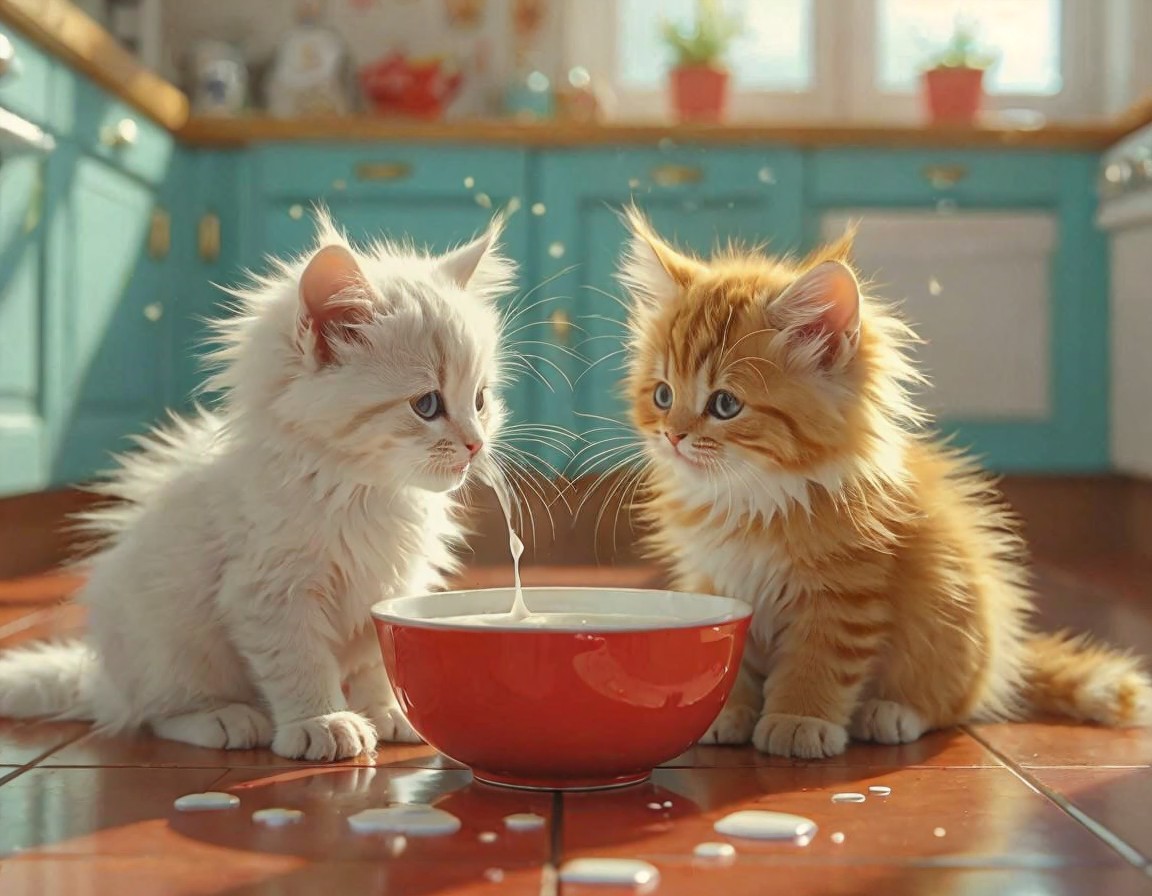 Kittens Exploring Milk Bowl in Bright Kitchen Setting