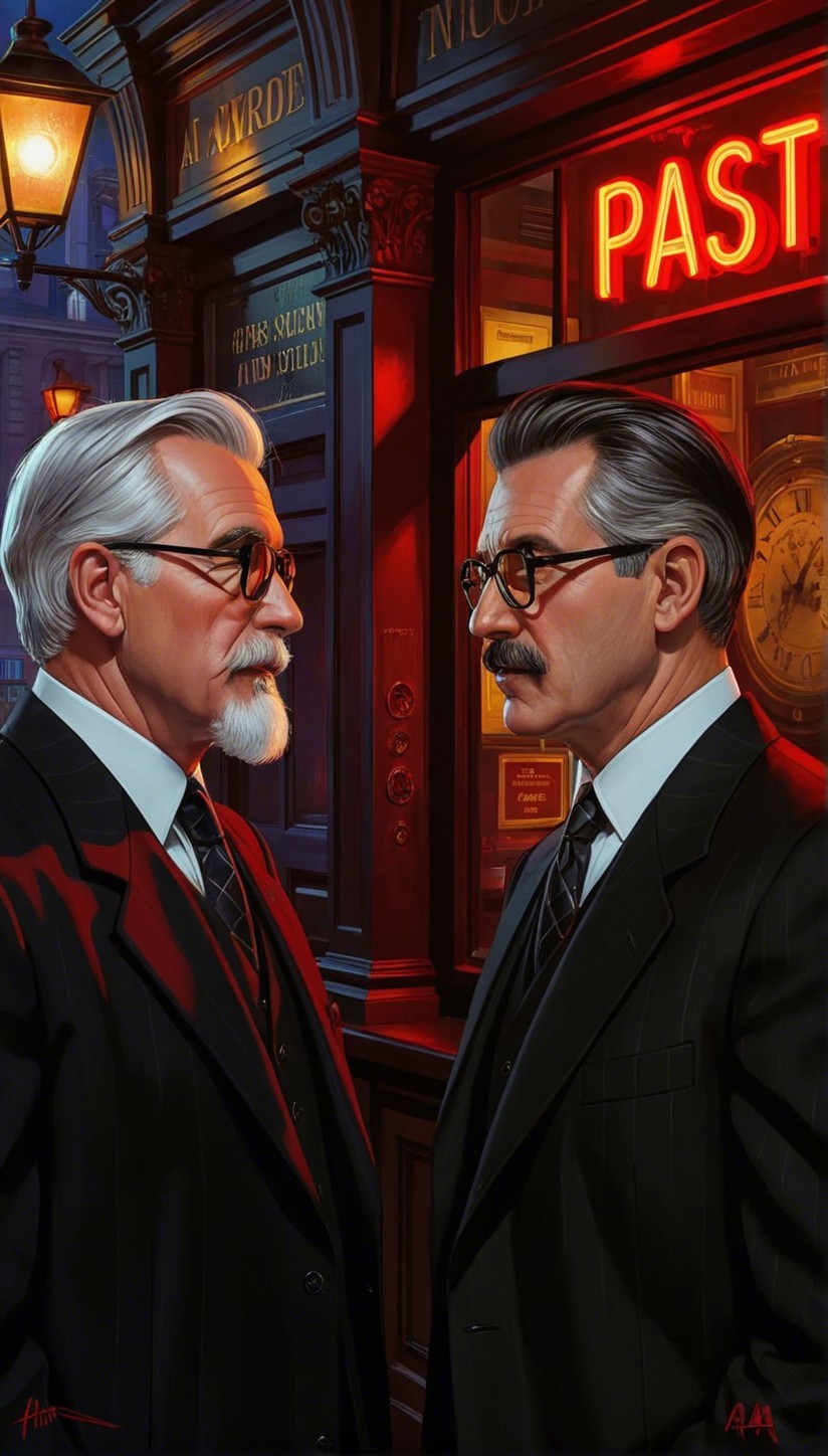 Sophisticated Men in Dark Suits Under Storefront Lights