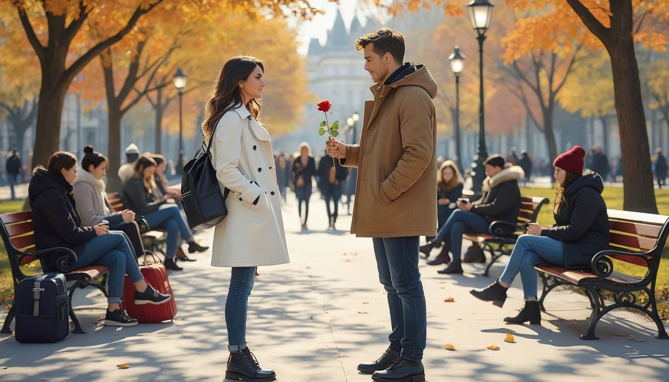 Autumn Park Scene with Young Couple and Red Rose