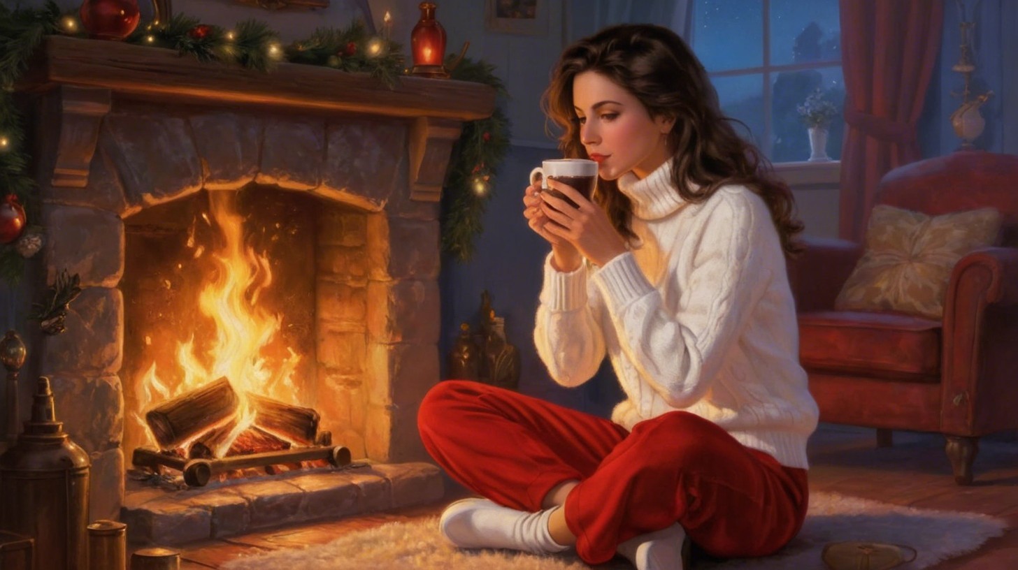 Cozy Indoor Scene with Woman by Fireplace in Sweater
