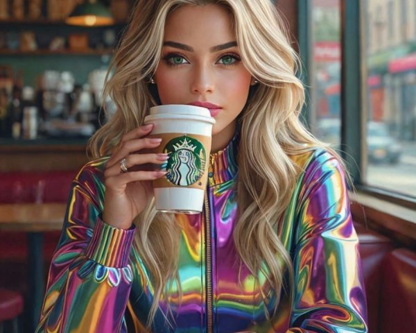 Young Woman in Cozy Café with Colorful Jacket