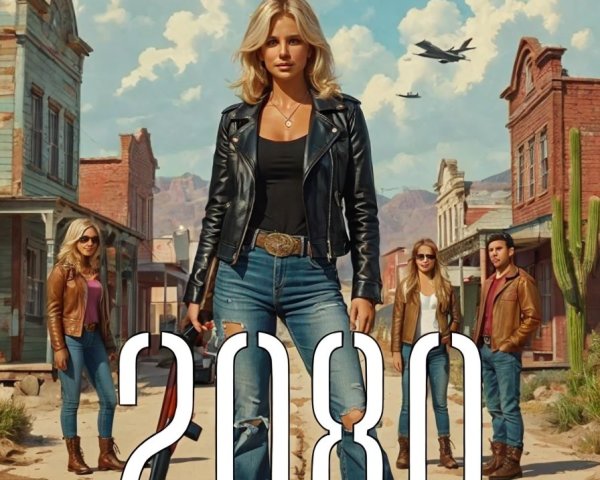 Futuristic Western Scene with Confident Figures