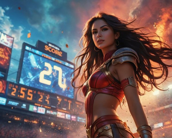 Fantasy Warrior Woman in Stadium with Dramatic Sky