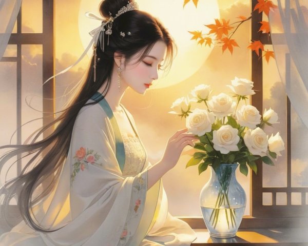 Woman in Traditional Attire Arranging White Roses by Window