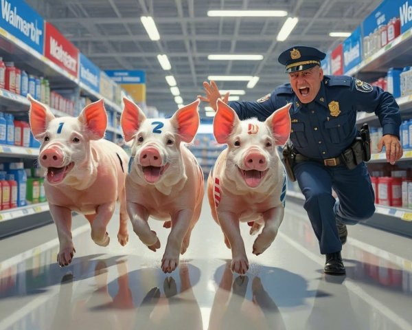 Racing pigs in grocery store aisle with police chase