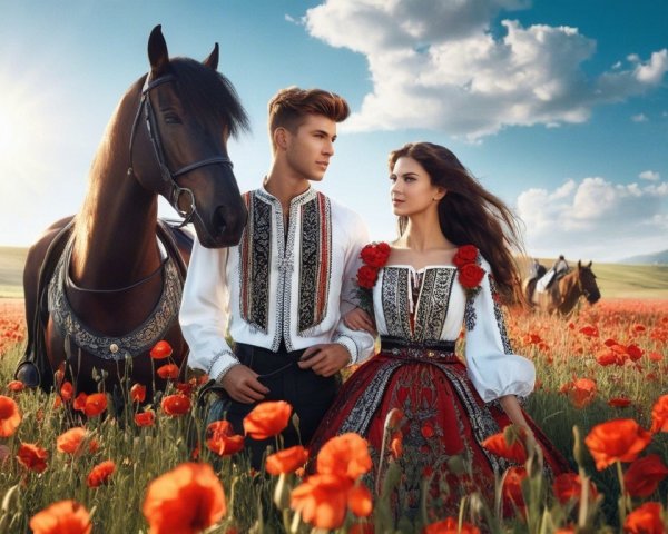 Young Couple in Traditional Attire Amidst Poppy Field