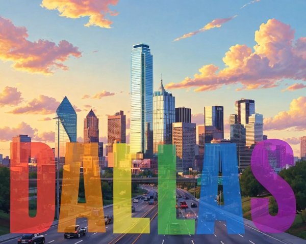 Dallas Skyline at Sunset with Colorful "DALLAS" Text