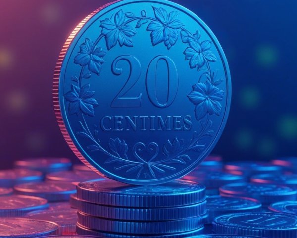 Shiny 20-Cent Coin on Mound of Coins with Gradient Background