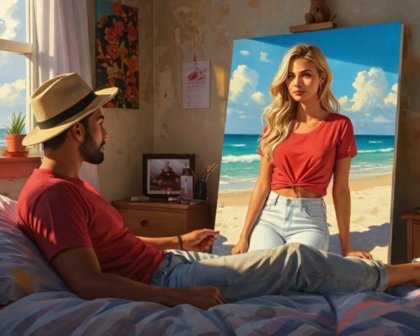 Cozy Room with Man, Beach Painting, and Warm Tones