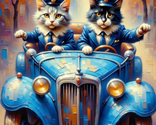 Cartoon Cats in Police Uniforms Driving Vintage Car