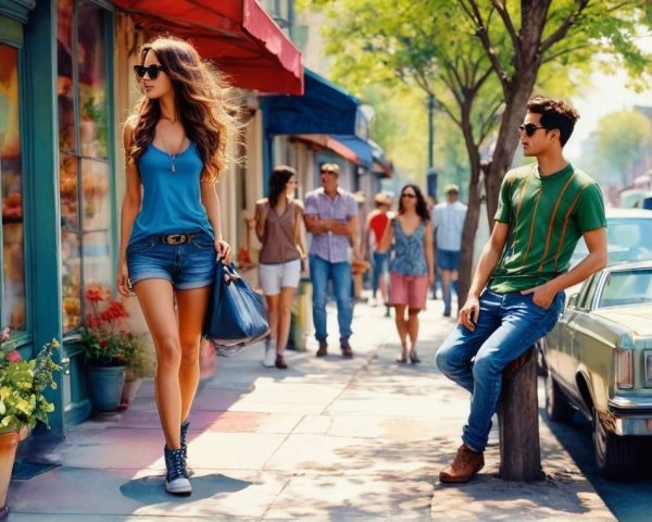 Vibrant street scene with young woman and classic car