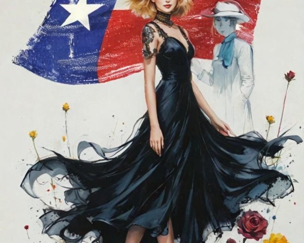 Glamorous Woman in Black Dress with Texas Flag Backdrop