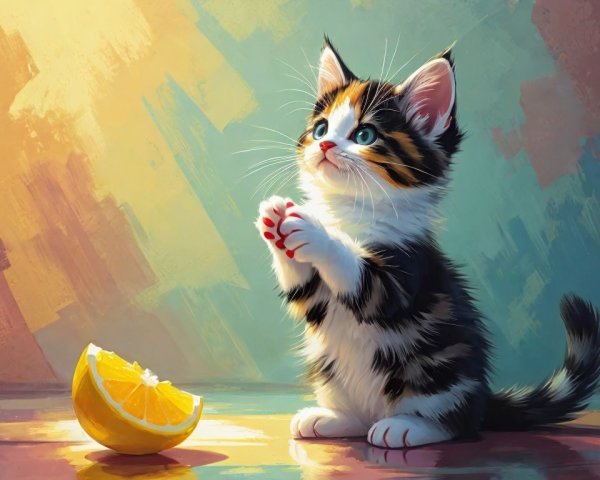Calico Kitten Reaching for Lemon in Colorful Setting
