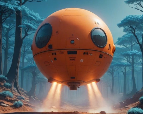 Whimsical Orange Spaceship Over Rocky Landscape