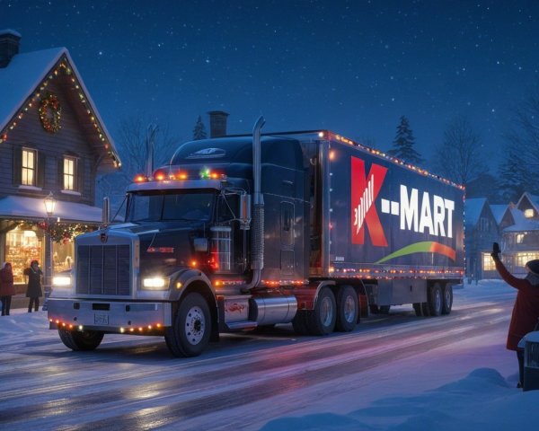 Festive Semi-Truck in Snowy Village at Night
