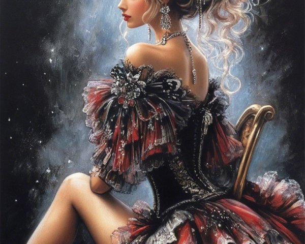 Glamorous Woman in Opulent Gown Against Starry Night