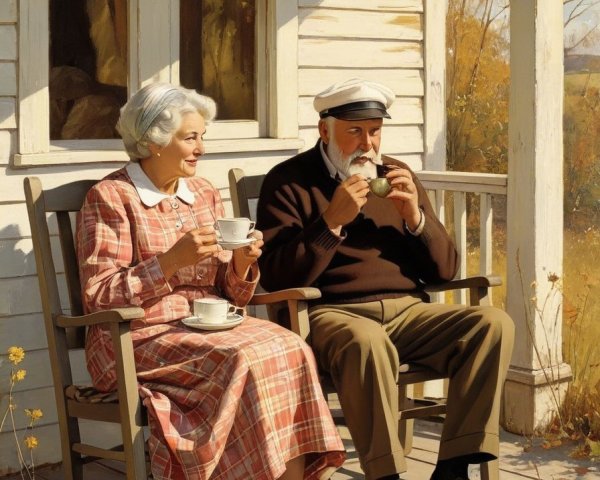 Elderly Couple on Porch in Autumn Setting