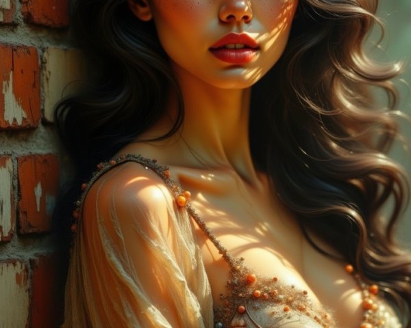 Portrait of a woman with wavy hair by a brick wall