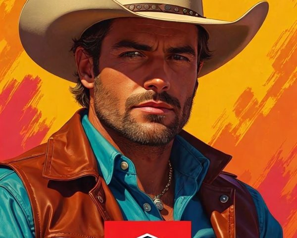 Rugged Cowboy in Vibrant Attire Against Warm Background