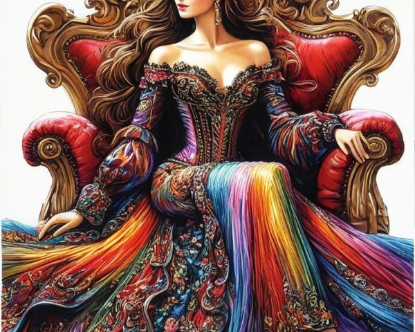 Regal Figure on Ornate Throne in Vibrant Gown