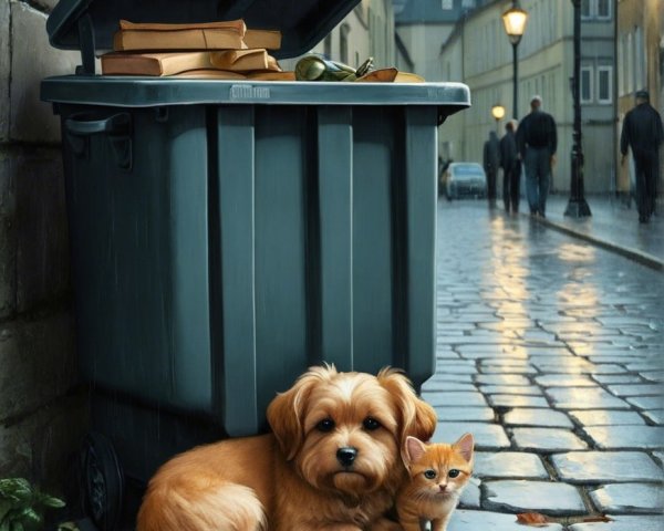 Small Dog and Kitten on Cobblestone Street at Night