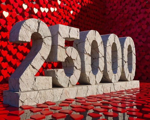 Textured Stone Sculpture of Number 25000 with Hearts