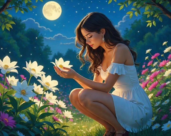 Young Woman in White Dress with Glowing Butterfly