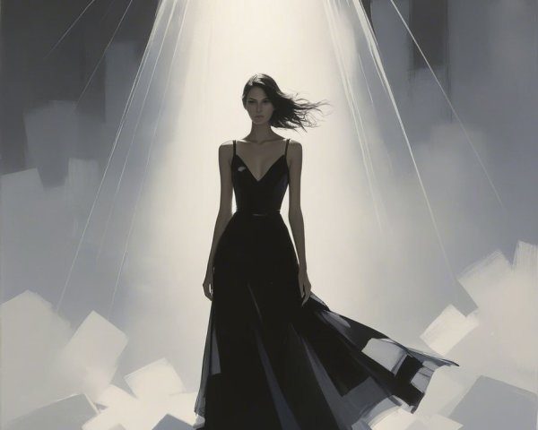 Elegant Figure in Black Gown Under Dramatic Spotlight