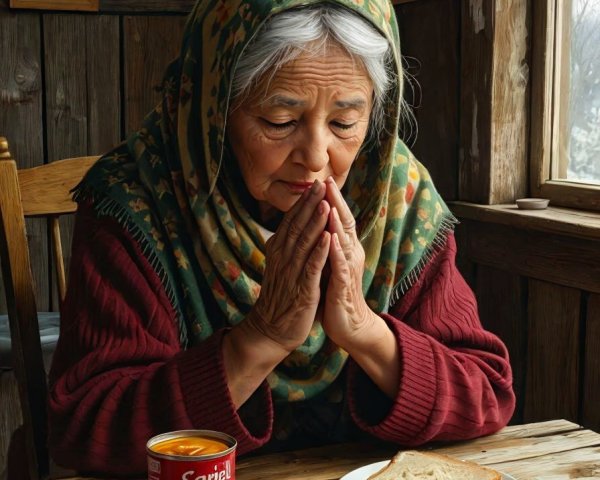 Elderly Woman in Contemplation at Wooden Table