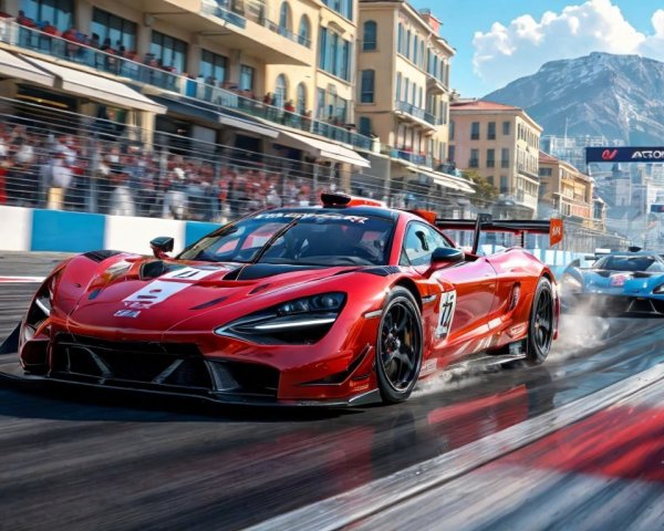 High-speed supercars racing on a sleek urban track