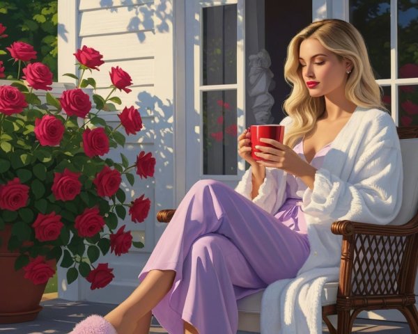 Woman in robe enjoying tranquility on sunny porch