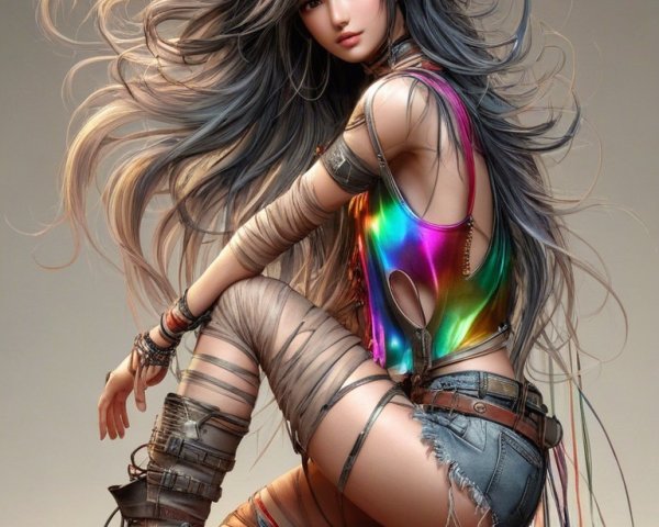 Crouched Female Figure in Colorful Fashion and Accessories