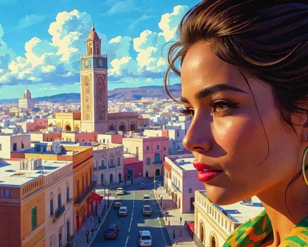 Vibrant Cityscape with Thoughtful Young Woman