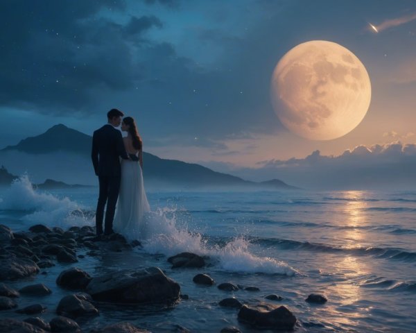 Couple Embracing on Rocky Shore Under Starry Sky