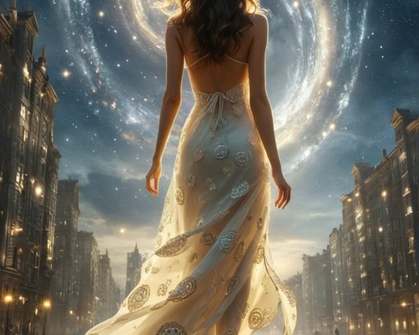 Woman in Flowing Dress Walking on Reflective Street