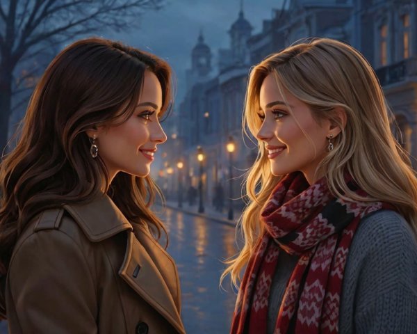 Twilight Street Scene with Two Women Sharing a Smile