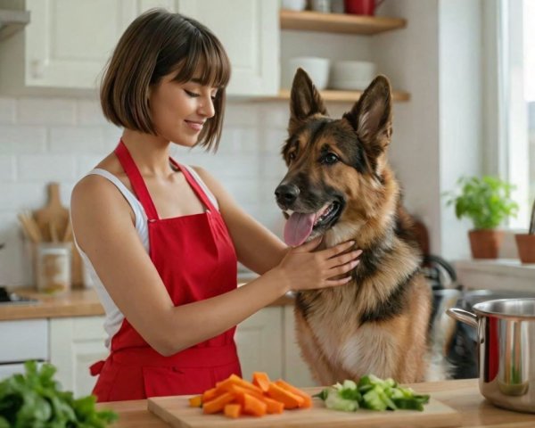 Woman in Red Apron Smiling with Dog in Kitchen