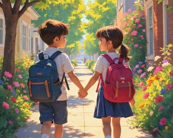 Children Walking Hand in Hand on a Sunny Street