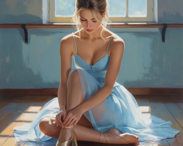 Young Ballerina Tying Shoes in Serene Studio Setting