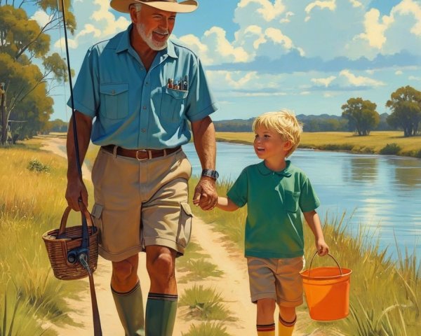 Grandfather and grandson walking by a riverside path
