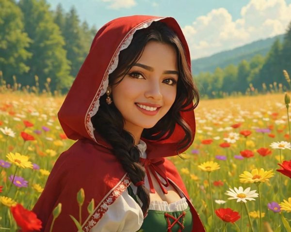Young Woman in Red Cloak in Flower Meadow Scene