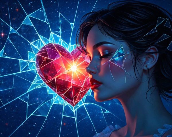 Cosmic Woman with Cracked Skin and Geometric Heart