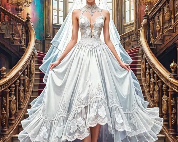 Elegant Bride on Grand Staircase in Silver Gown