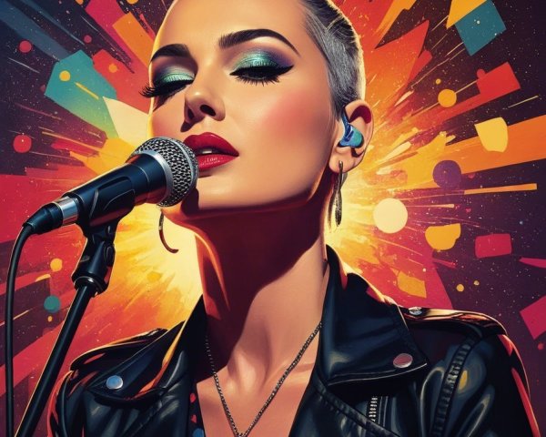 Singer with microphone and vibrant geometric background